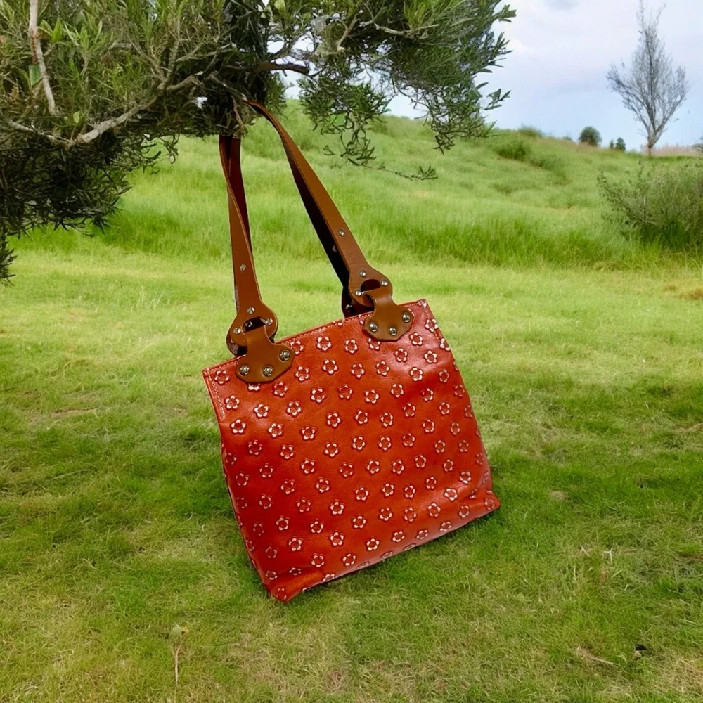 Claudia Firenze Red Leather Tote Bag with Brown‎ Leather Handles